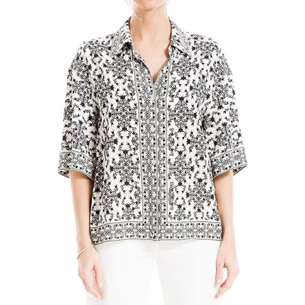 Max Studio 3/4 Sleeve Button Front Rayon Blouse Black/White Womens Size L NEW